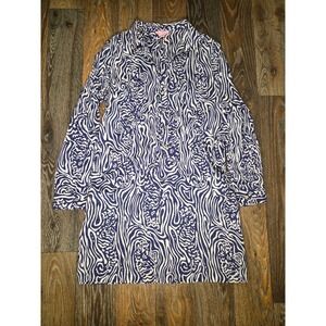 Lilly Pulitzer Navy White Zebra Print Cotton Shirt Dress Long Sleeve Pockets M